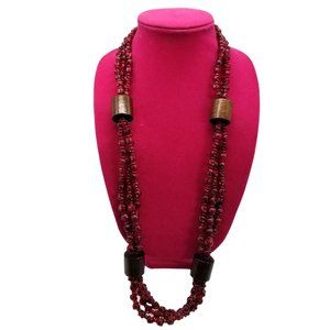 Vintage Triple 3 Strand Pink Carved Wood Bead Long Necklace 36" Costume Jewelry